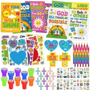 Cinrobiye 72 PCS Bible Coloring Books Party Favors Set Religious Party Favors Goodie Bag Fillers Christian Birthday Party Supplies DIY Scene Sticker Temporary Tattoo Crafts for Sunday School Church