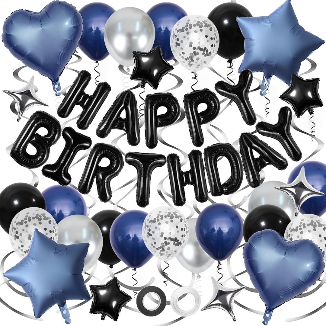 Navy Blue Birthday Decorations, 3D Foil Black Happy Birthday Balloon Banner with Star and Heart Balloons, Confetti Balloons, Hanging Swirls, for Boys Girls Men Women Party Decorations