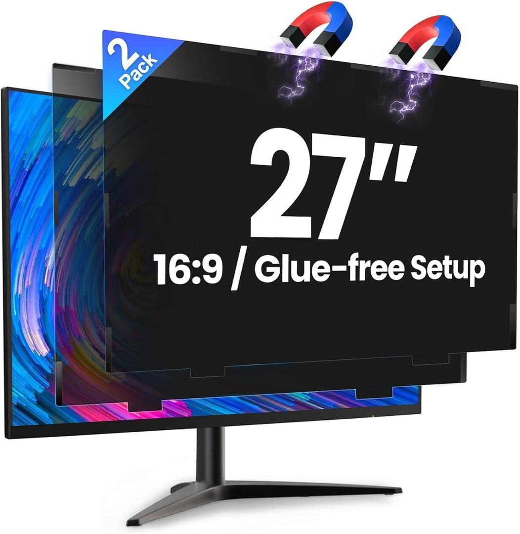 2 Pack Magnetic 27 Inch Computer Privacy Screen for Monitor 16:9 Aspect Ratio, Anti-Glare Blue Light Computer Monitor Privacy Shield, Removable Anti-Spy Screen Protector