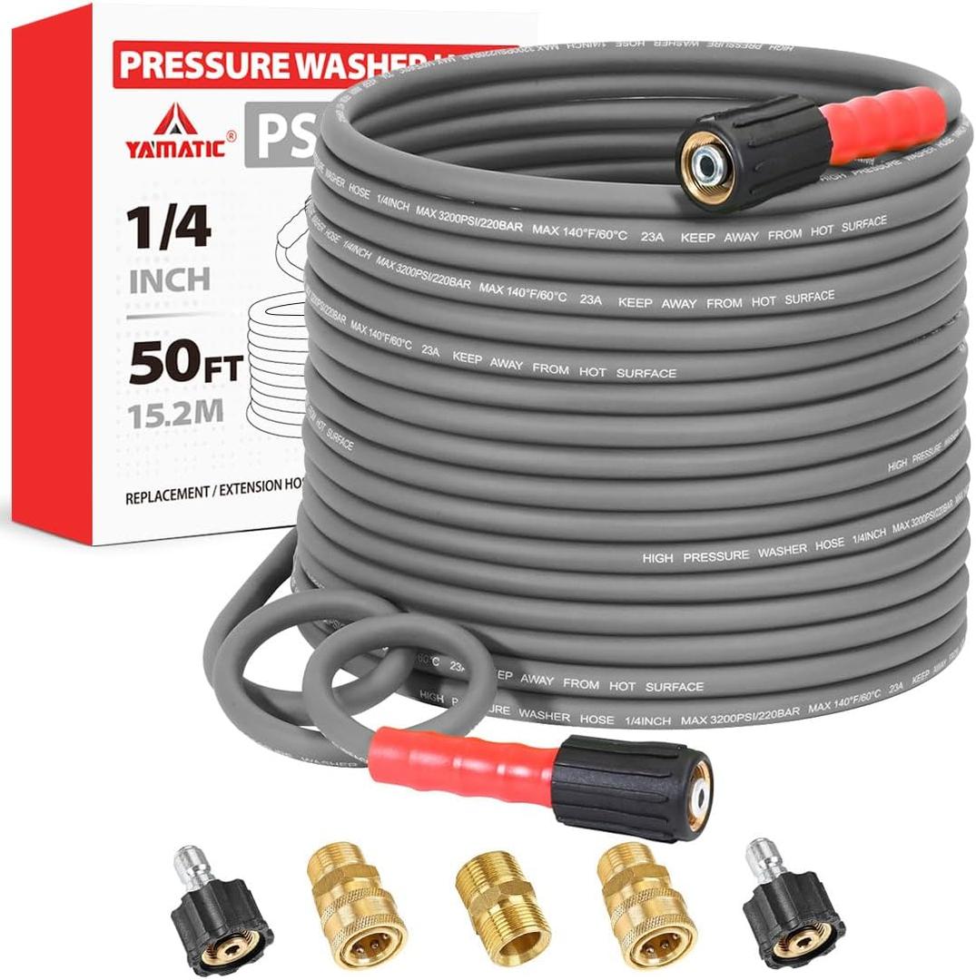 YAMATIC Upgraded Flexible Pressure Washer Hose 50FT 1/4", 3200 PSI Non-Kink Replacement with M22-14mm & 3/8" Quick Connect Adapters, Extension for Gas Power Washer Troy-Bilt Ryobi Honda Craftsman