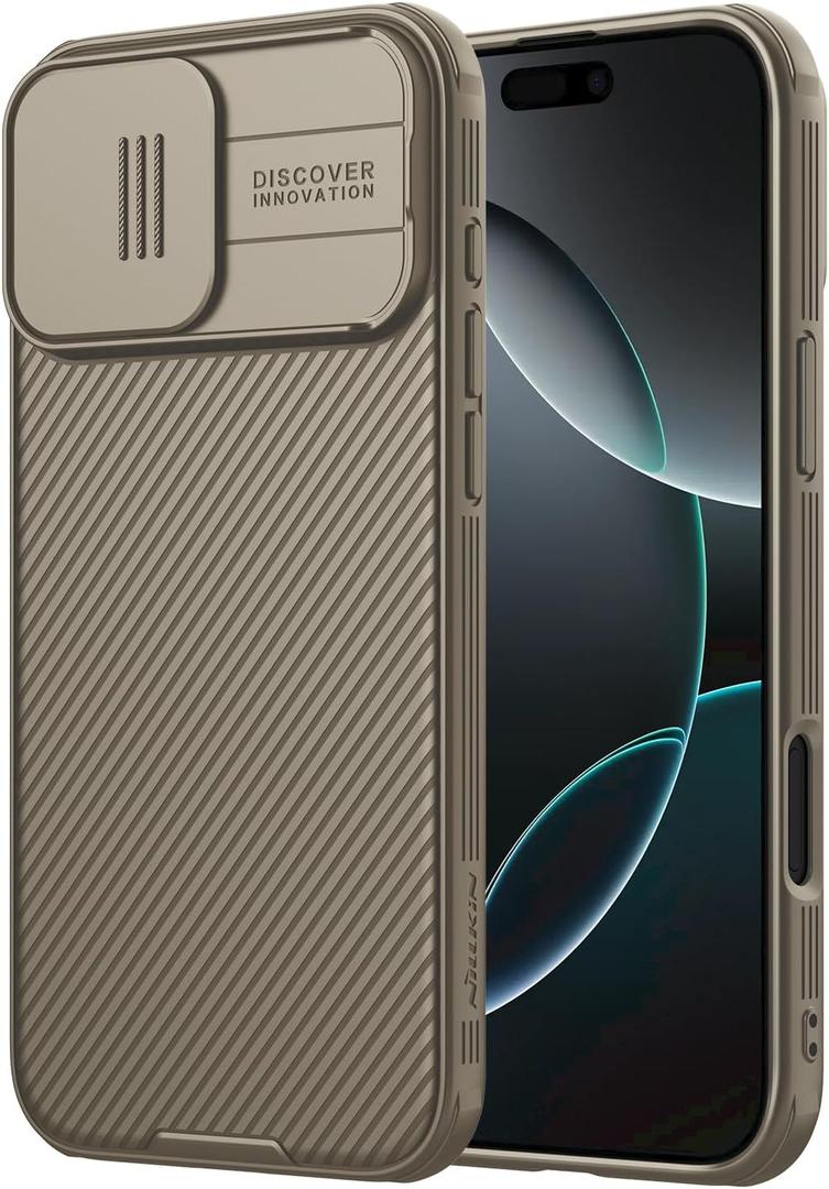 Nillkin for iPhone 16 Pro Case with Slide Camera Cover, [Upgraded Camera Lens Protection] Slim Shockproof Protective Phone Case for iPhone 16 Pro 6.3 inch, Black - Gold