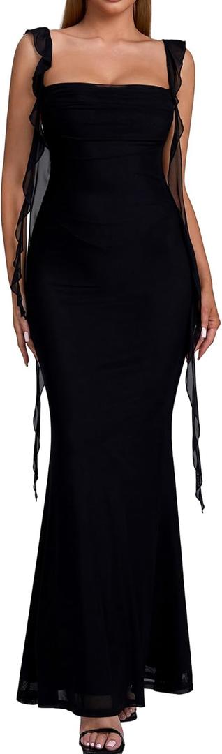 Auraxe Formal Wedding Guest Long Dresses for Women Elegant Bodycon Ruffle Corset Cocktail Party Maxi Dress (Black, Medium)