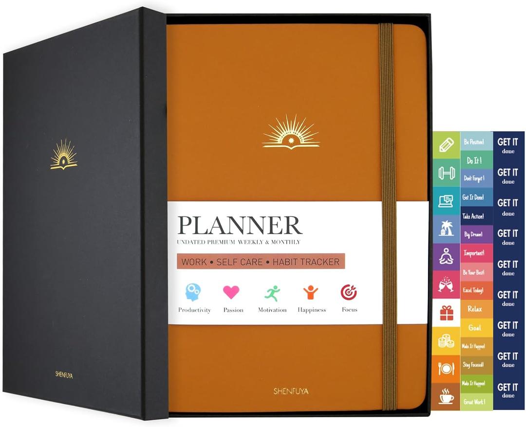 Undated Weekly & Monthly Planner, Life Organizer & Productivity Journal, Goals Setting & Time Management, Gift Box Included, A5 Hardcover Leather with Stickers (Brown)