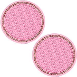 Cute Cup Holder Coasters Silicone Anti Slip Car Coasters, Cup Pads for Home Office, Universal Bling Crystal Rhinestone Car Interior Accessories Set of 2 (Pink)