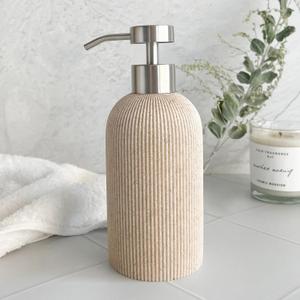 Lunestella Elegant Boho Beige Hand Soap Dispenser with Stainless Steel Pump, for Bathroom and Kitchen, Rust Proof, 7oz (Matte Silver)