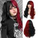 Half Red Black Wigs with Bangs Long Curly Wavy Cosplay Wig Synthetic Heat Resistant Halloween Costume Wig With Wig Cap