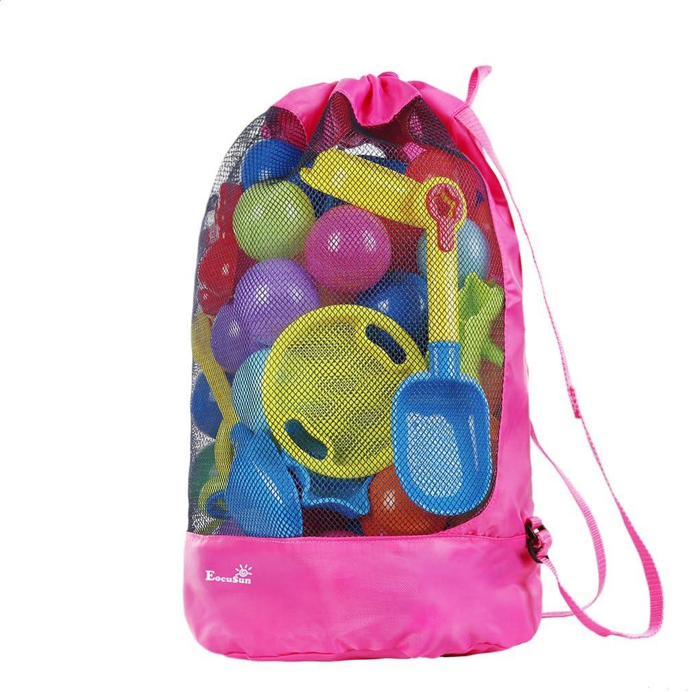 EocuSun Large Mesh Beach Bag Tote Durable Sand Away Drawstring Beach Backpack Swim and Pool Toys Balls Storage Bags Packs, Stay Away from Sand and Water, Toy Not Included (Hot Pink)