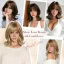 FESHFEN Shoulder Length Bob Wigs with Bangs for Women - Dirty Blonde Natural Layered Wavy Synthetic Wig For Daily Party Costume Use 14 Inch