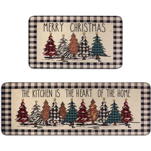 Buffalo Plaid Christmas Tree Merry Christmas Kitchen Mats Set of 2, Xmas Winter Home Decor Low-Profile Kitchen Rugs for Floor,Christmas Kitchen Mats for Floor 17x30+ 17x47 Inch (Linen-black)
