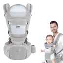 Baby Carrier with Hip Seat, Multi-Functional 9 in 1 Baby Wrap Carrier Newborn to Toddler for All Seasons Ergonomic Baby Sling Carrier Hands Free Baby Backpack Carrier 7-45 lbs (Grey)