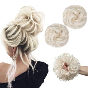 SARLA 2PCS Messy Hair Bun Hair Pieces Wavy Curly Synthetic Updo Fake Scrunchies Ponytail Extension for Women Platinum Blonde