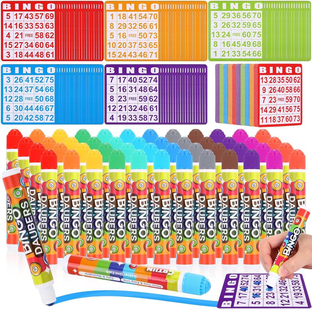 Crtiin 148 Pack Bingo Game Cards and Dot Daubers Set Includes 100 Bingo Cards and 48 Dot Markers Supplies Calling Card Set for Large Groups, Parties, Family Gathering Activity, Game Night