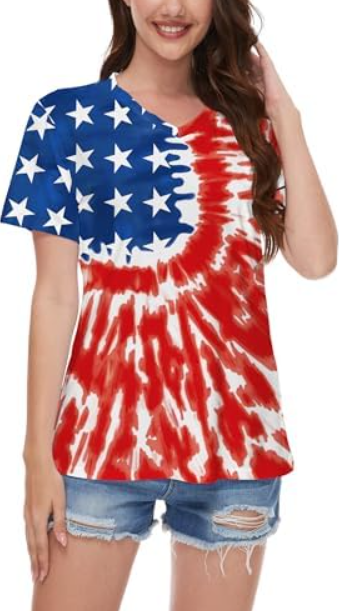 TMSD Women's 4th of July Shirt USA Flag Shirts for Women V Neck Independence Day Tops Stars and Stripes T Shirt, M