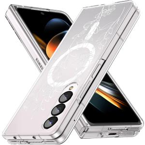 5 x Magnetic Case for Galaxy Z Fold 4, Clear Slim Anti-Yellow Hard PC Protective Soft TPU Bumper Shockproof Cute Case with Elegant White Floral Pattern (10-4)