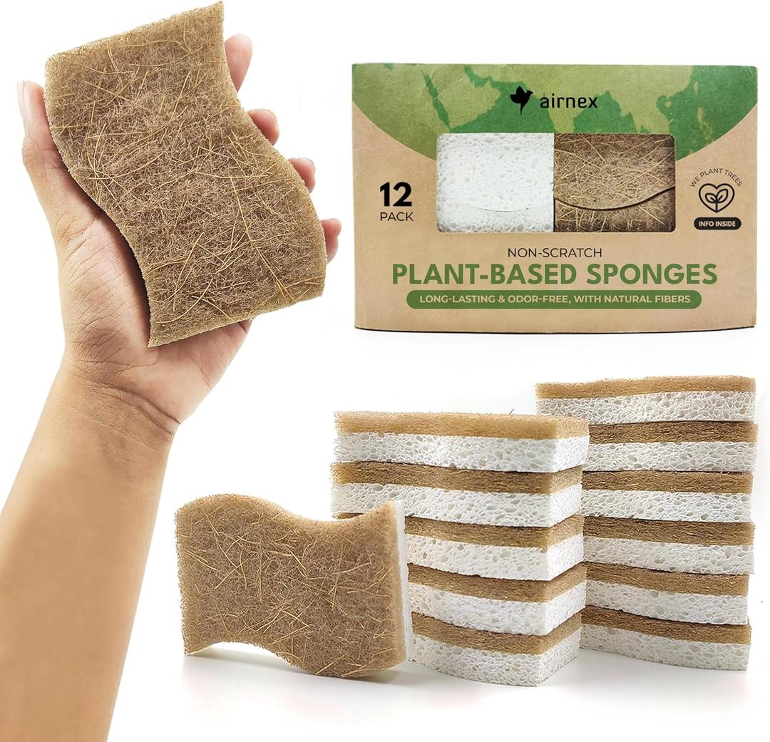 AIRNEX Natural Kitchen Sponges (12 Pack) - Biodegradable Cellulose & Coconut Scrubber Dish Sponges for Kitchen - Eco-Friendly, Non Scratch, Compostable, Non Toxic S-Shaped Natural Sponges for Dishes