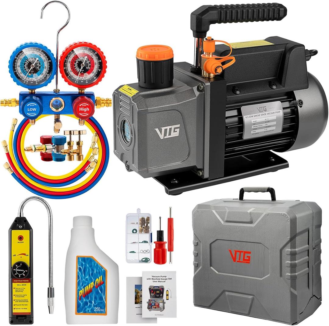 VTG VOGTEN 4.5 CFM AC Vacuum Pump and Gauge Set,for Mini Split/HVAC/Auto Systems,Manifold Gauge Kit Fits R134a R22 R410a R404a,with Leak Detector,Upgraded Trifold Storage Case,3 Hoses,R134a Can Tap