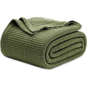 Bedsure 100% Cotton Blanket Queen Size for Bed - Breathable and Soft, Waffle Weave Blanket for Summer Spring, Olive Green, 90x90 Inches