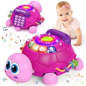 Musical Turtle Baby Toys 6 to 12 Month,Infant Light-up Musical Tummy Time Toy with Phone,Baby Crawling Toys for 7 8 9 12 Months Old,Easter Birthday Girl Gift for 3 4 5 Month+(Pink)