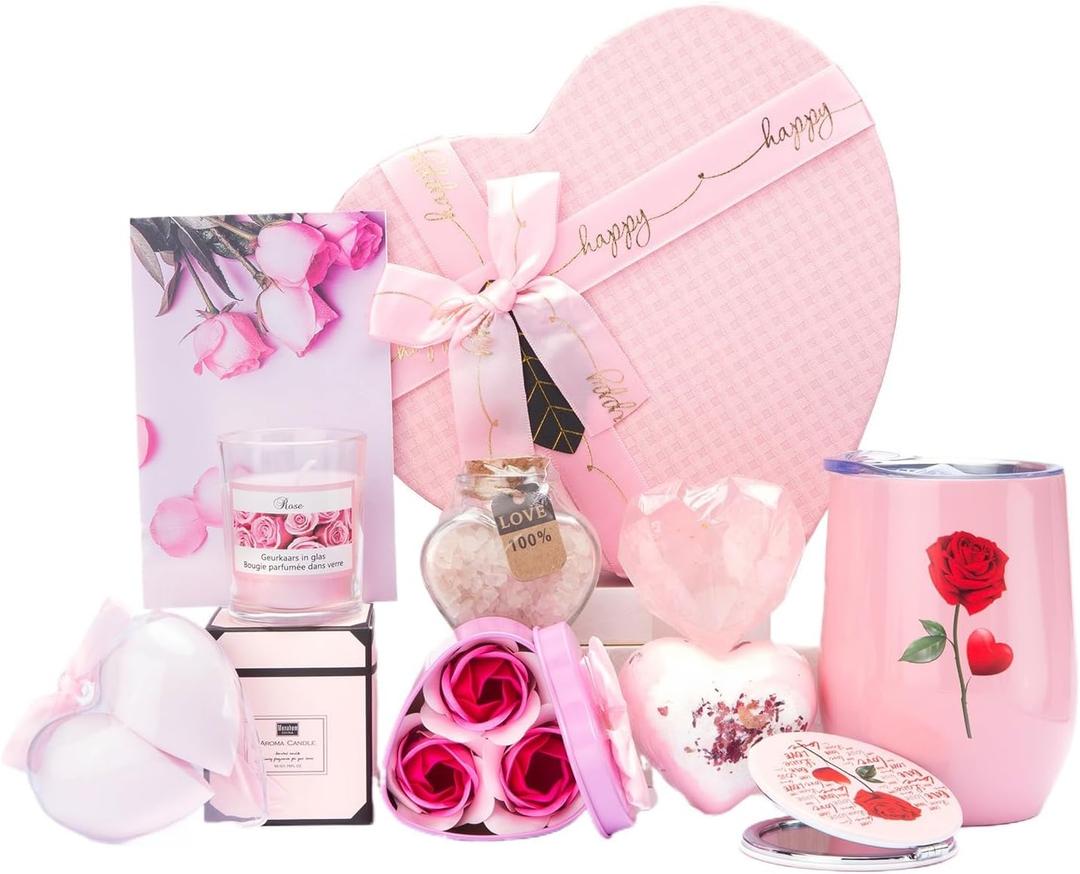 Mothers Day Gifts Box, Pink Rose SPA Gift Basket for Women, Mom Birthday Gifts, Heart-Shaped Relaxing Bath Set with Tumbler, Best Gift for Mom, Wife, Love You Anniversary Present