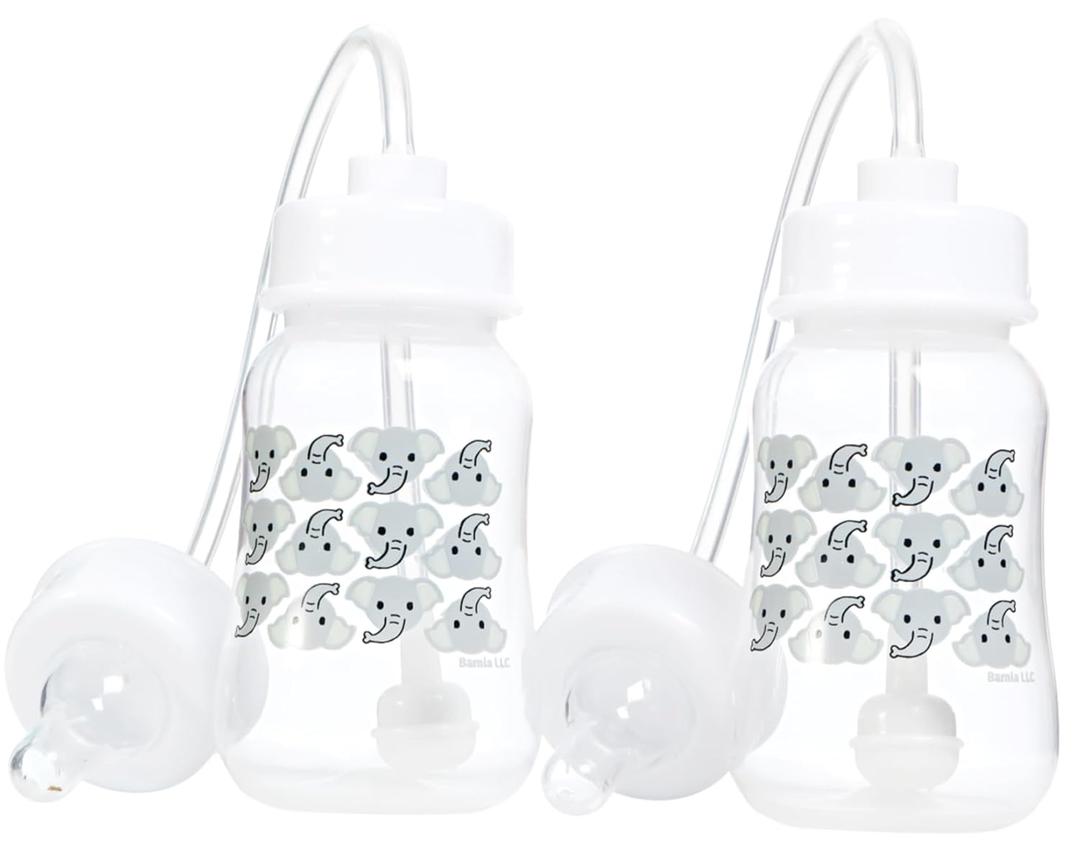 Hands-Free Baby Bottle - Anti-Colic Nursing System 4 oz Baby Bottle with Fast Flow Nipple/Teat 3m+ with Tube Straw Feeding System for Toddler (2 Bottles - Elephant)