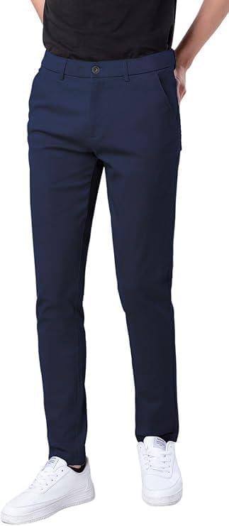 Plaid&Plain Men's Skinny Stretchy Khaki Pants Colored Pants Slim Fit Slacks Tapered Trousers (Navy Blue, 32W x 28L)