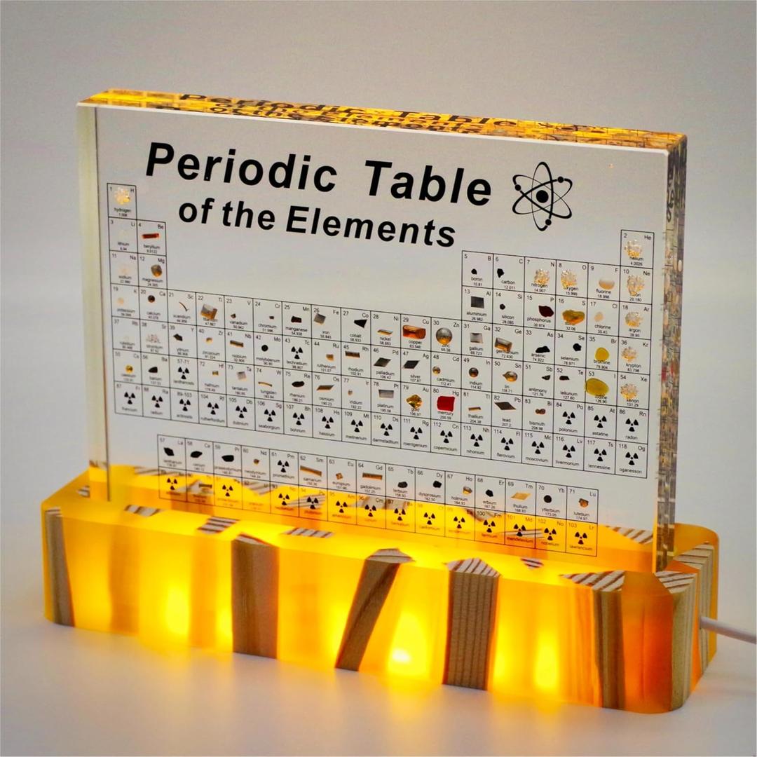 Periodic Table with Real Elements Inside, Amber Lighted Stand Acrylic Periodic Table of Elements Poster, Crafts Dcor Teaching Tool Chemistry Gift for Kids Adults Students Teacher Science Lovers