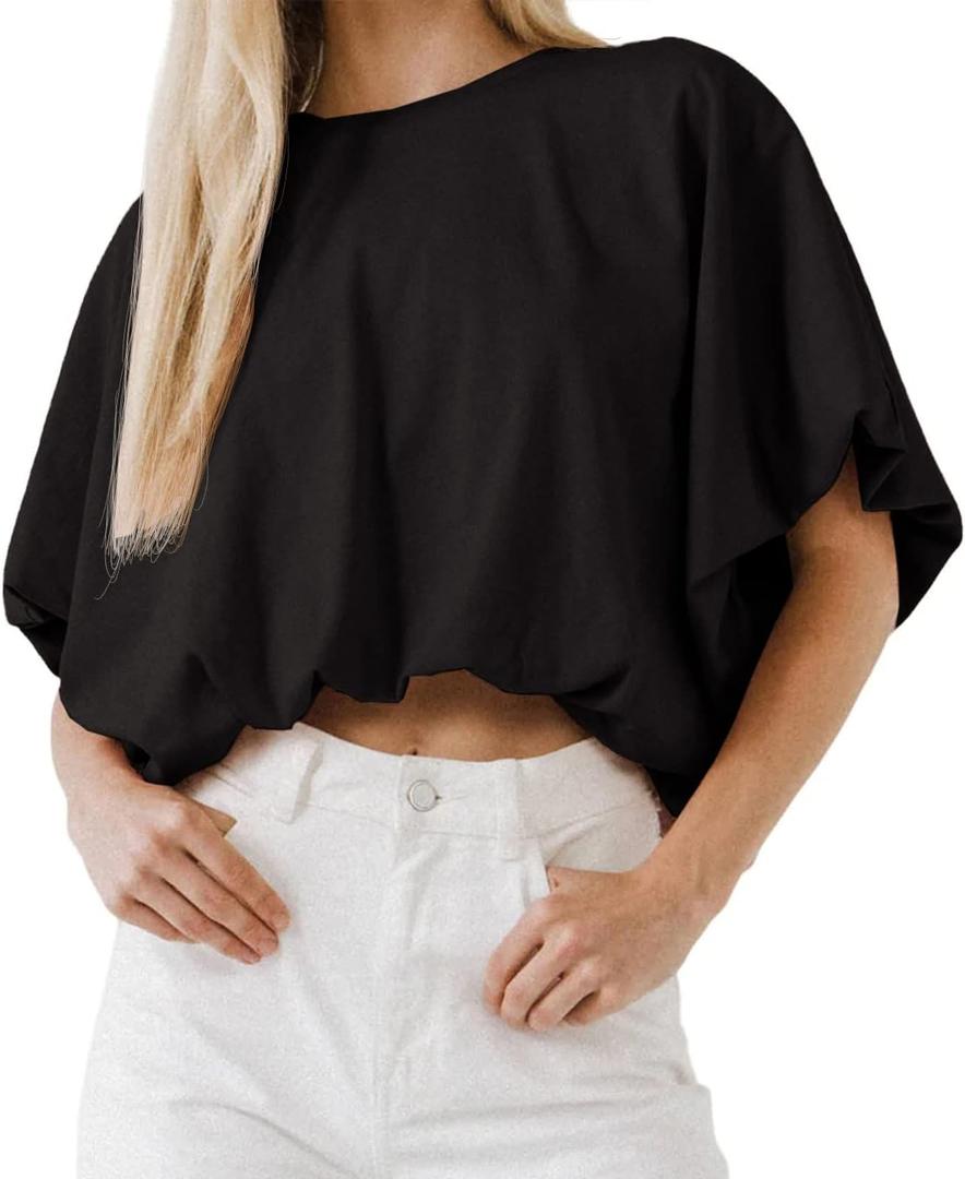 Womens Summer Crewneck Crop Tops Short Sleeve Casual Loose Cropped T Shirts L