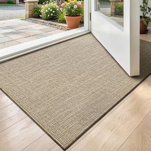 Ultra Thin Indoor Door Mat 17x30, Low Profile Entrance Mat, Non Slip Rubber Backing Dirt Trapper Doormat for Front Entryway, Khaki