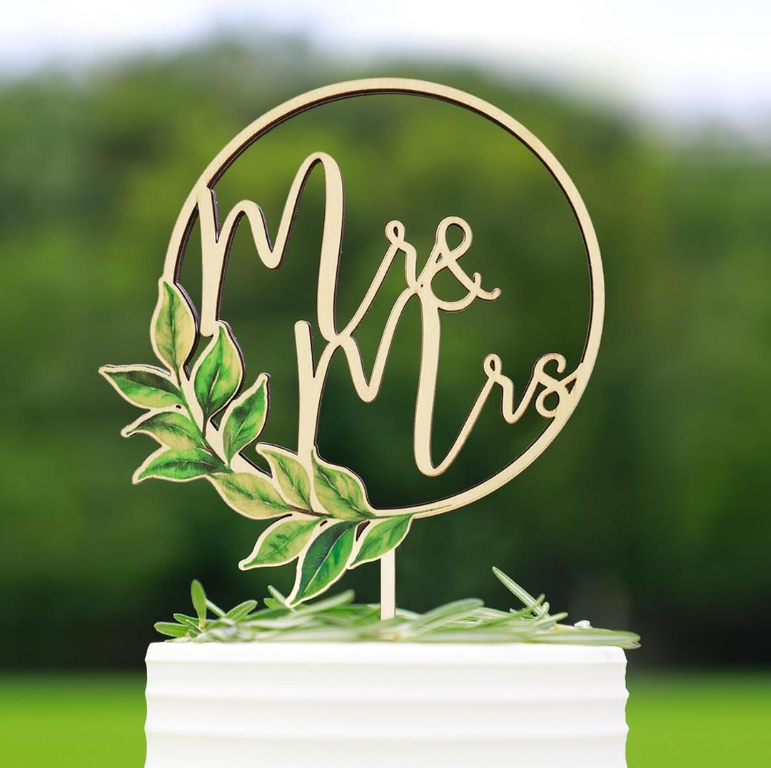 Handcrafted Mr & Mrs Cake Topper Wood Greeny Wedding Cake Decorations - Rustic Bride and Groom Cake Toppers for Engagement, Anniversary, Bridal Shower - Eco-Friendly Just Married Sign