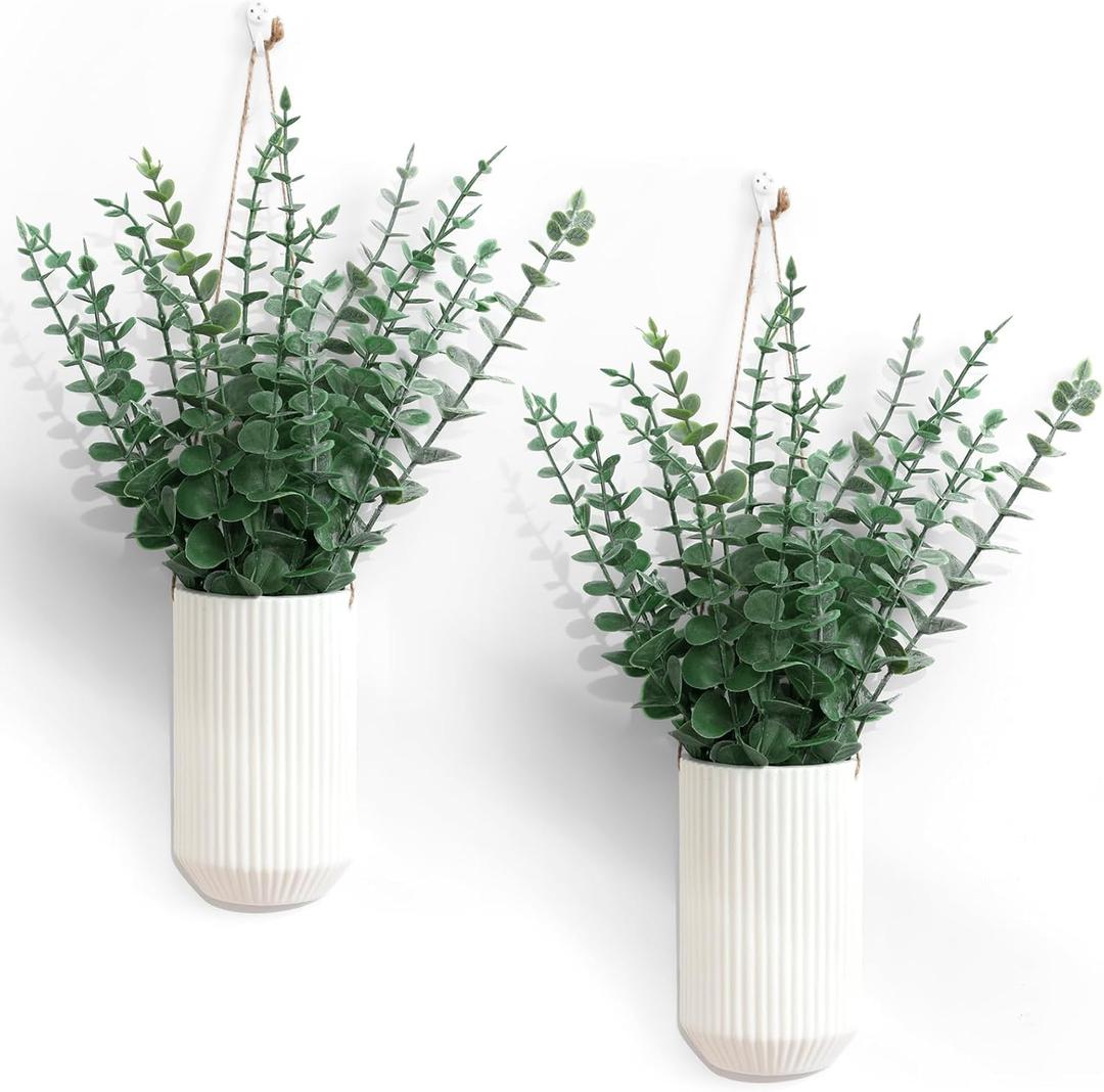 2 Pcs 5.9 Inch White Ceramic Wall Planter Modern Home Hanging Vase for Living Room Bedroom Bathroom Minimalist Indoor Ceramic Hanging Flower Vase for Dried Flowers Faux Greenery Plants