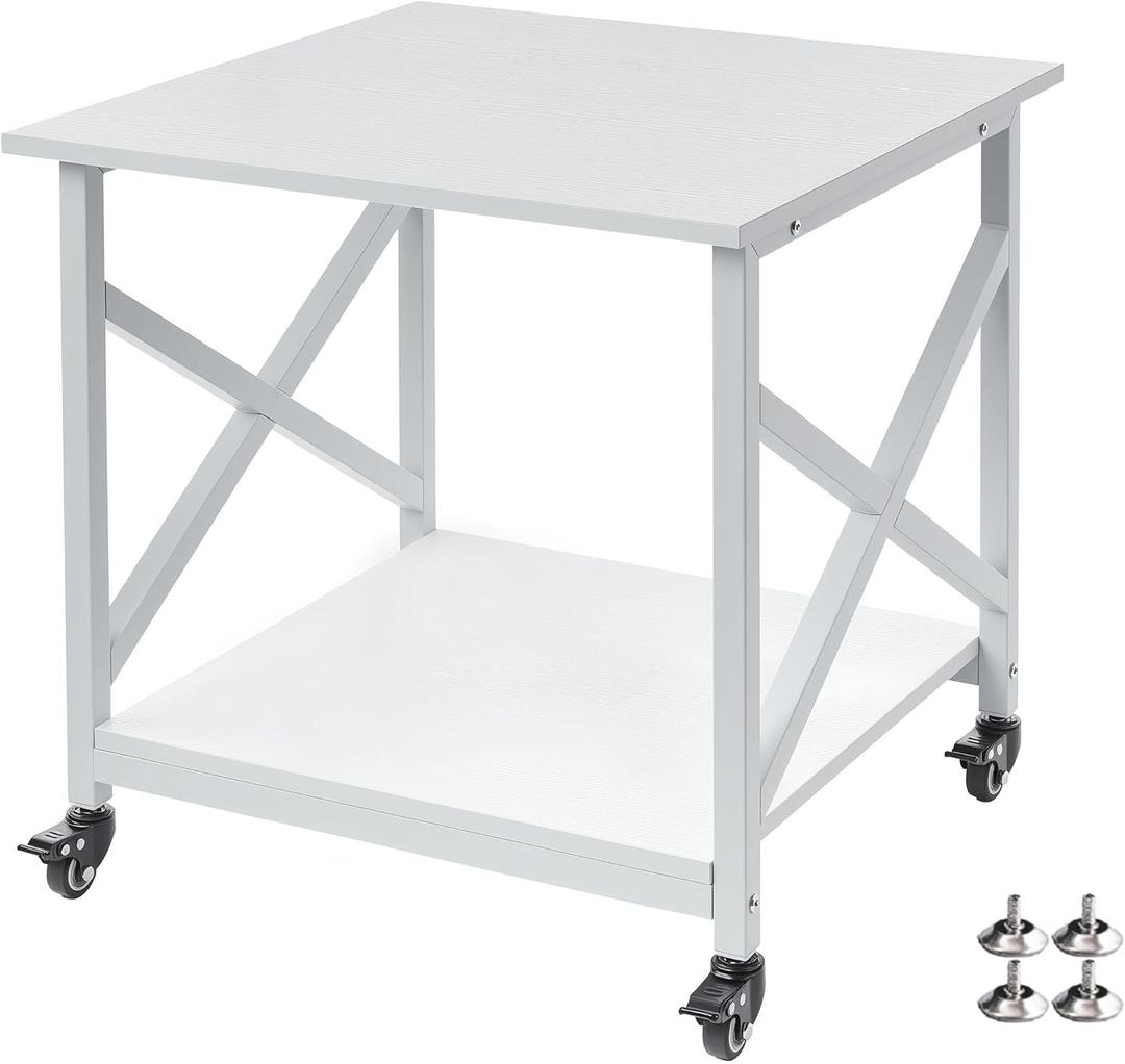 Fannova 23.6 x 23.6 Inches Large Printer Stand, 2 Tier Square Printer Table with Storage Shelf for Home Office, Multi-use Rolling Cart with Wheels for Laser, 3D Printer and Mini Fridge - White
