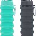 Collapsible Water Bottles Travel water bottle Sports Portable Sport Water Bottle Reusable Water Bottles comes with mountaineering Buckle 500ml silicone Water-proof camping water bottle (Green+Grey)