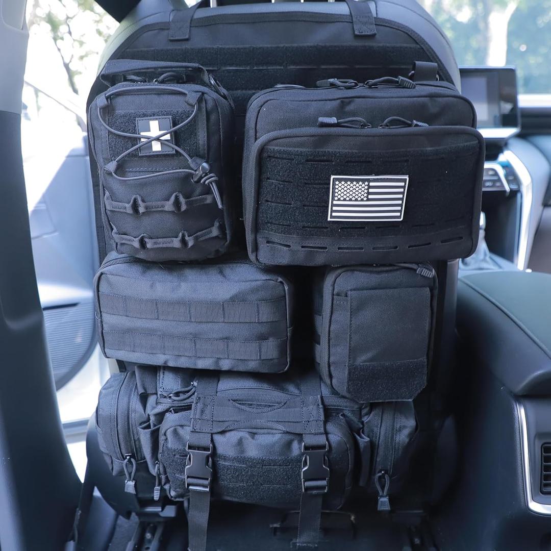 Universal Tactical Car Seat Back Organizer Bag Tactical Molle Vehicle Organizers Panel Vehicle Protector Organizers with 5 Detachable Pouches for Car Truck Ford Jeep (Upgraded C model Black)