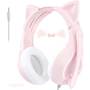 Pink Gaming Headset with Mic, Cat Ears, Stereo Surround Sound Wired Over Ear Headphones with Microphone, Soft Ear Pads, Noise Cancelling for Girls, Teens, Women