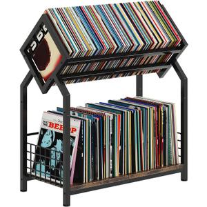 2-Tier Vinyl Record Storage Holder with Dividers, 24.4''W Vinyl Record Display, 300 LPs Vinyl Record Storage Rack, Suitable for Magazines, Books, Documents, Albums