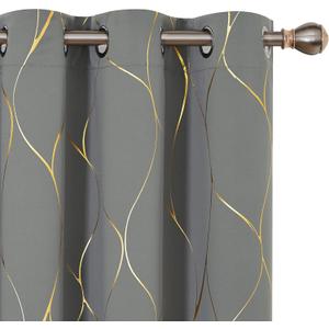 Deconovo Gold Wave Print Blackout Curtains for Bedroom, Thermal Insulated Curtains for Living Room, Room Darkening Drapes (Light Grey/Wave, 42x54 Inch, 2 Panels)