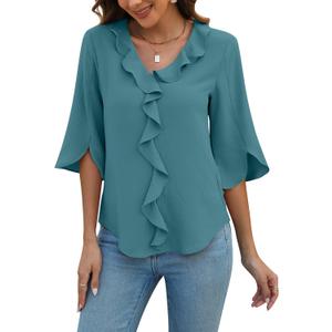 Blooming Jelly Womens Dressy Casual Blouses 3/4 Length Sleeve V Neck Ruffle Tops Business Ladies Summer 2026 Trendy Fashion Work Shirt (3X-Large, Turquoise)