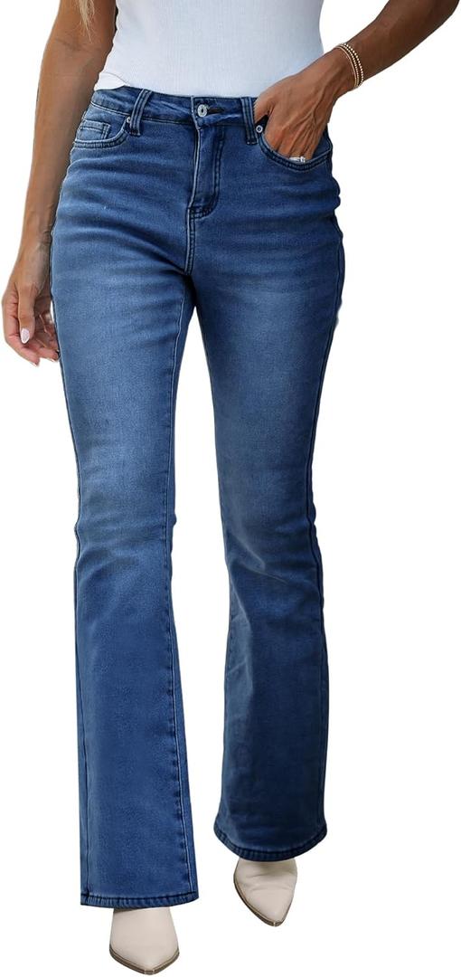 GRAPENT Bootcut Jeans for Women High Waist Stretchy Fleece Lined Pants Flare Jeans Denim Thermal Pants Winter Clothes (Small, Deep Blue)