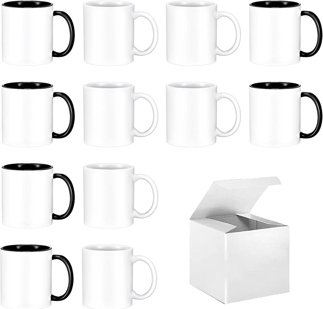 TANGLONG Sublimation Mugs 11 oz Set of 12 Bulk Coffee Mugs with Box Sublimation Cups Tazas Para Sublimar Coffee Cups 6 White and 6 Black