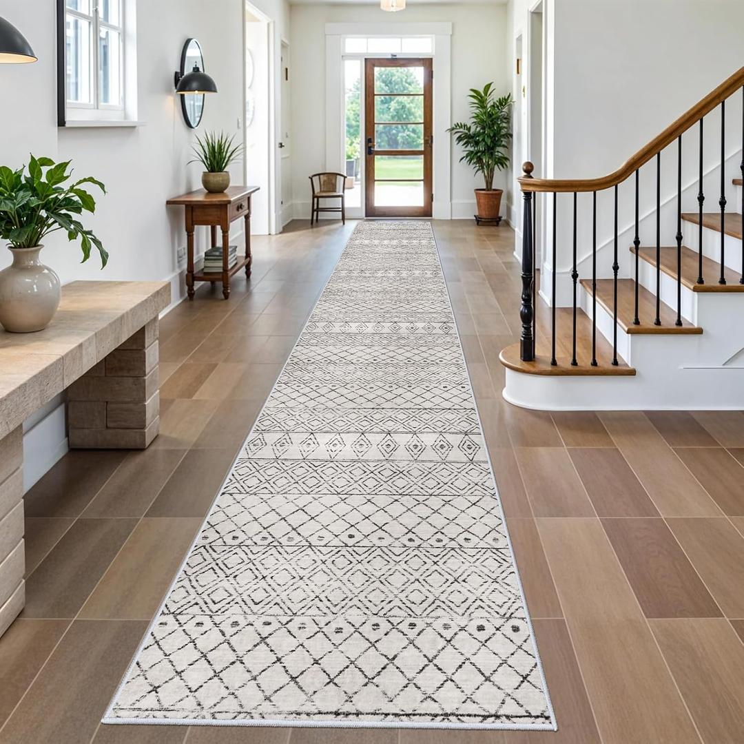 Washable Runner Rug 3x20 - Extra Long Runner Rugs for Hallways Low Pile Rug with Rubber Backing Floor Mat Non Slip Moroccan Indoor Carpet for Kitchen Bedroom Entryway 3x20 Geo Grey