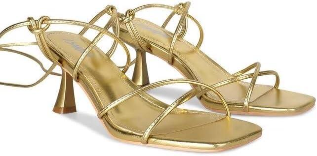 ISNOM Strappy Sandals for Women Kitten Heels Lace Up Heels Stiletto Heels Wrap Around Heels with Square Toe, 11 Size Metalgold