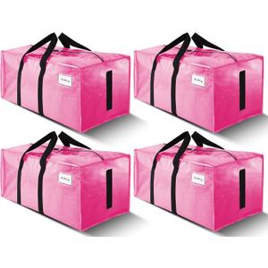 4 Pack Large Strong Moving Bags with Zippers & Carrying Handles - Water-Resistant - Heavy Duty Storage Tote for Space Saving, Fold Flat, Alternative to Moving Box (Pink)