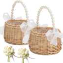 2PCS Wicker Rattan Flower Girl Basket with 2PCS Wedding Wrist Corsage, Handwoven Wicker Basket with Pearl Handle Bow Fairy Flower Basket Rattan Basket for Weddings Bridal Anniversary Party Decor (1)