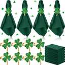 16 Pcs St. Patrick's Day Napkin Rings Set 8 Pcs Green Shamrock Metal Rings Holder and 8 Pcs Green Washable Napkins Cloth for St. Patrick's Day Dinner Party Table Decoration(Stylish Style)