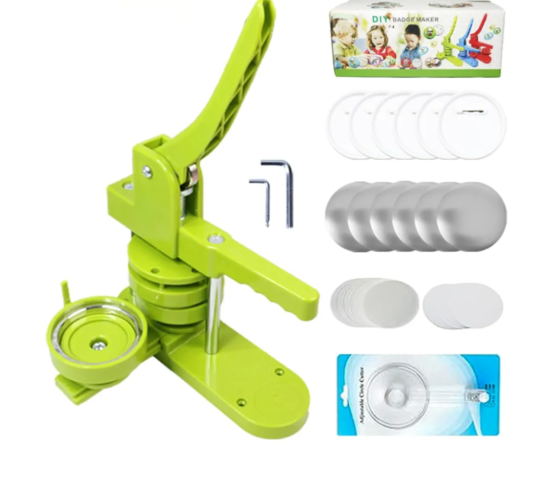 DCBADGE Button Maker Machine Multiple-Sizes, DIY Pin Button Maker Machine Kit with Interchangeable Button-Models&Free Button Parts&Circle Cutter&Wrench Gadget (Green, 75mm)