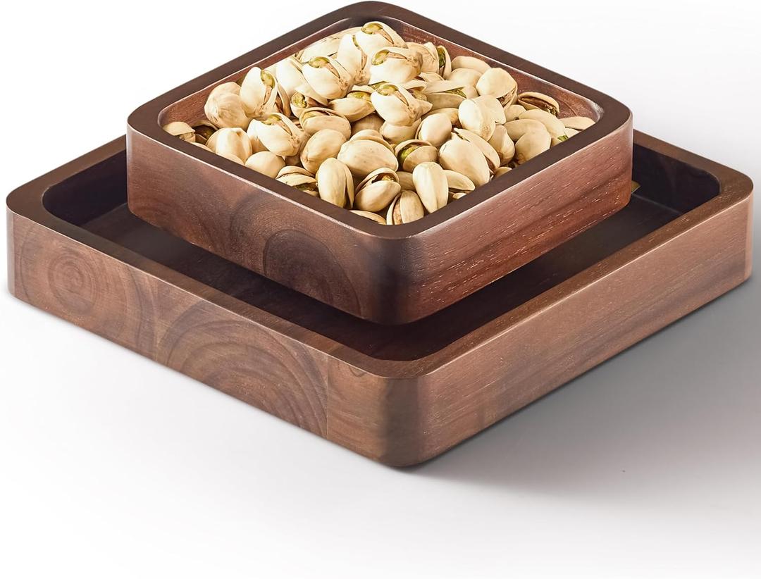 FANATU Wood Pistachio Snack Bowl with Shell Storage, Double Dish Holder Nut Bowl Pedestal for Sunflower Seed, Peanut, Cherries, Edamame (Walnut)