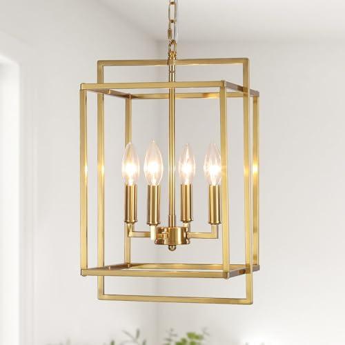 KOSTOMO 4-Light Gold Lantern Chandelier, Rustic Farmhouse Rectangle Pendant Light, Adjustable Height Modern Dining Room Light Fixture for Kitchen Island Living Room Entryway Foyer 10.8Inch