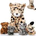 Silipull 5 Pcs Cheetah Stuffed Animals Set Large Mommy Cheetah Plush with 4 Soft Cuddly Baby Cubs in Her Tummy for Boys Girls Birthday Graduation Gifts Forest Party Decors(Sitting Style)