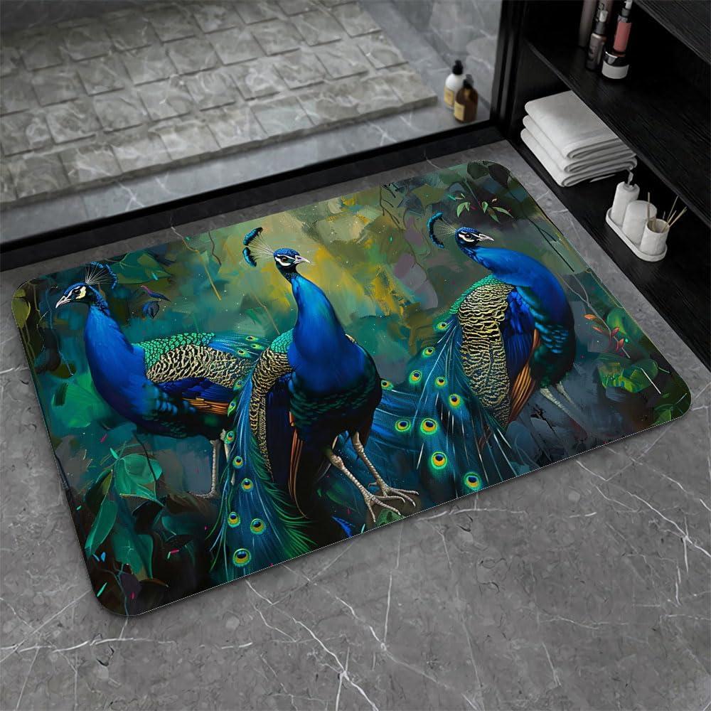Bath Mat-Bathroom RugThree Peacocks-Absorbent Non Slip Quick Dry Stain Resistant Easy to Clean Care Shower Rug for Bathtub Shower Room 1624Inch (40 * 60cm)