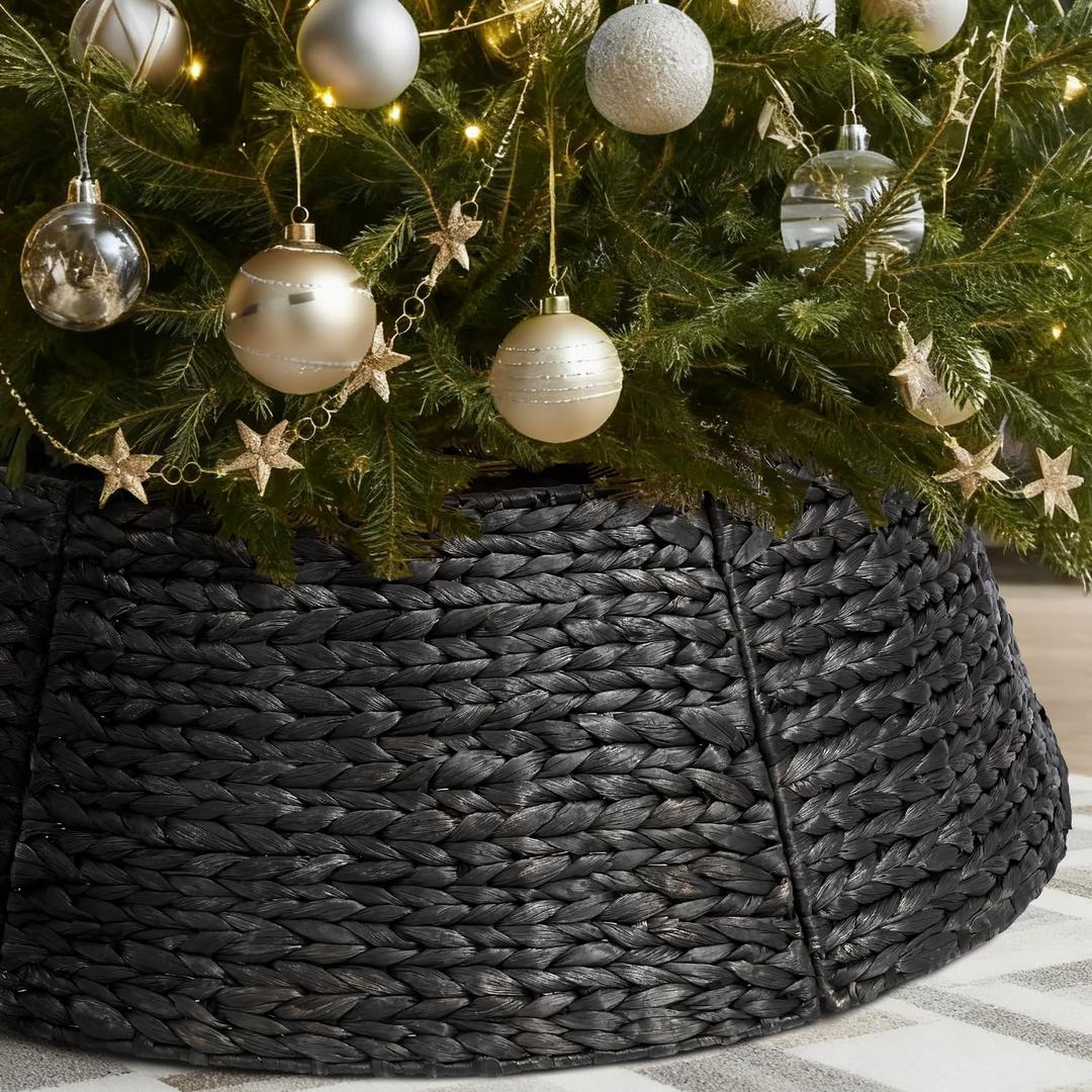 8-Piece Rattan Christmas Tree Collar - 42" Rustic Farmhouse Tree Skirt- Xmas Tree Base Cover for Christmas Decoration- Woven Holiday Tree Ring Accessory for Home, Living Room (Black, 42 in)